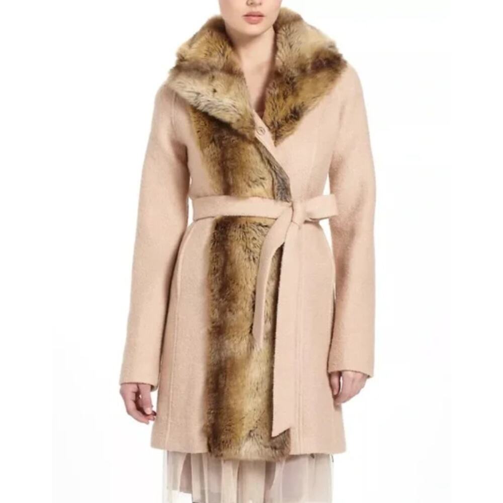 Anthropologie Elevenses Divna Wool Coat Faux Fur Collar & Trim Size 0 Blush Pink